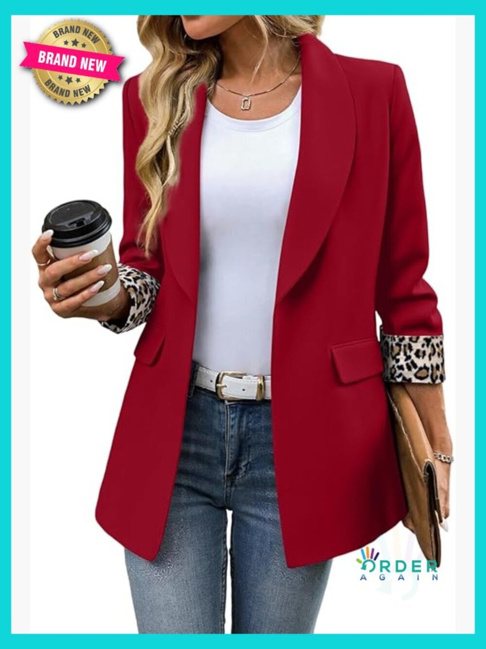 3/4 Ruched Sleeve Notched Collar Blazer Leopard Print Lining Business Casual